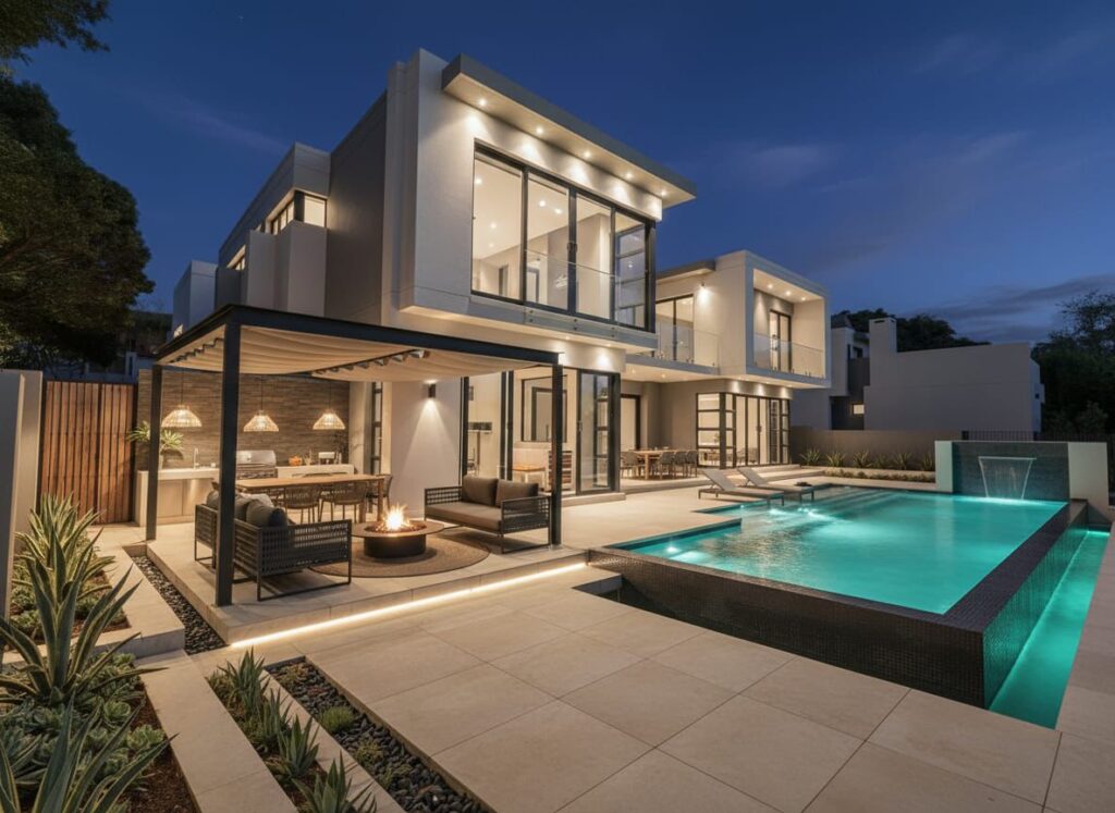 Sandhurst construction project with a pool, garden, patio